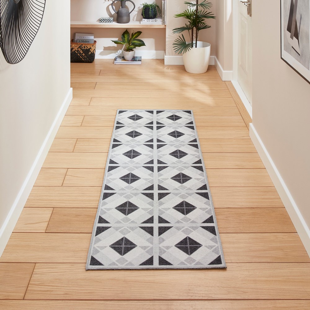 Victoria H1190 Modern Geometric Washable Runner Rugs in Grey Light Grey